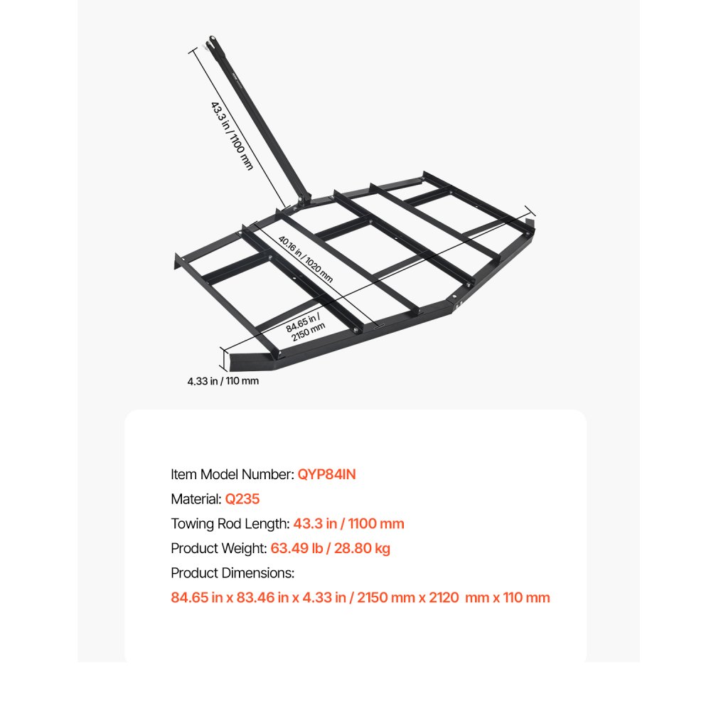 Drag Harrow 2150 x 2120 x 110mm Lawn Tractor Driveway Leveler Q235 Steel with Adjustable Bars and Pin Hitch Tractor Driveway Harrow for ATVs UTVs Drag Harrow 2150 x 2120 x 110mm Lawn Tractor Driveway Leveler Q235 Steel with Adjustable Bars and Pin Hitch Tractor Driveway Harrow for ATVs UTVs