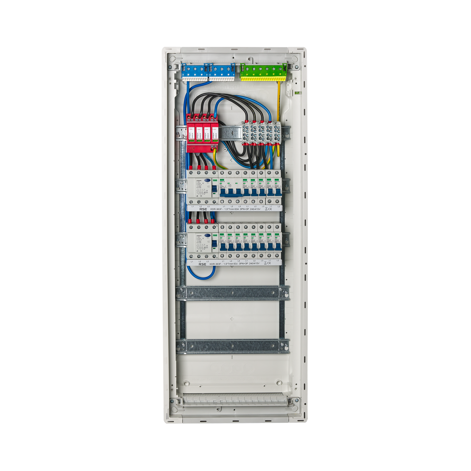 Armoire de compteurs, boîte à fusibles, boîte de distribution, sous-distribution d'alimentation de chantier Hager, paroi creuse encastrée, protection contre les surtensions, câblée Hager VU60NC