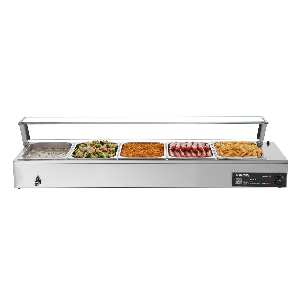 Chauffe-plats professionnel avec couvercle en verre et 5 récipients (taille 1/2) 1,5 kW Réchauffeur de buffet en acier inoxydable, récipient de buffet, bain-marie, station de réchauffement des aliments pour restaurants, fêtes, buffets