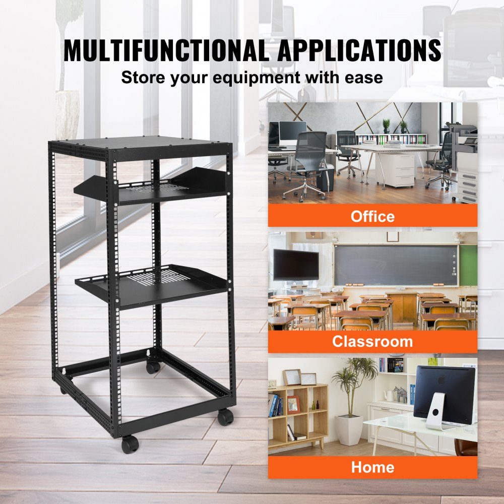 20U open frame server rack, freestanding or wall mounted network server rack, 4 post AV rack with wheels, can accommodate all your network IT equipment and AV equipment
