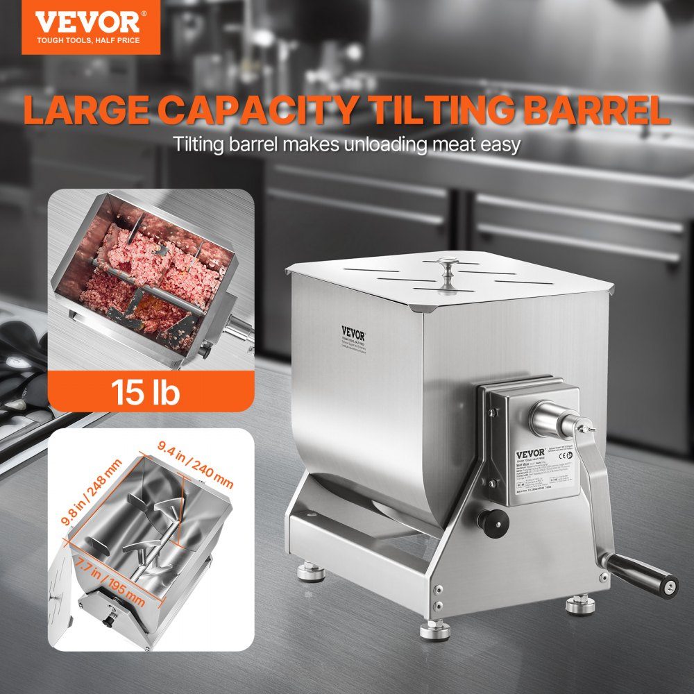 Manual meat mixer, meat processing device with tilting container (maximum mixing 6.8 kg of meat), meat mixer, sausage mixer with reduction gear, hand mixer for minced meat
