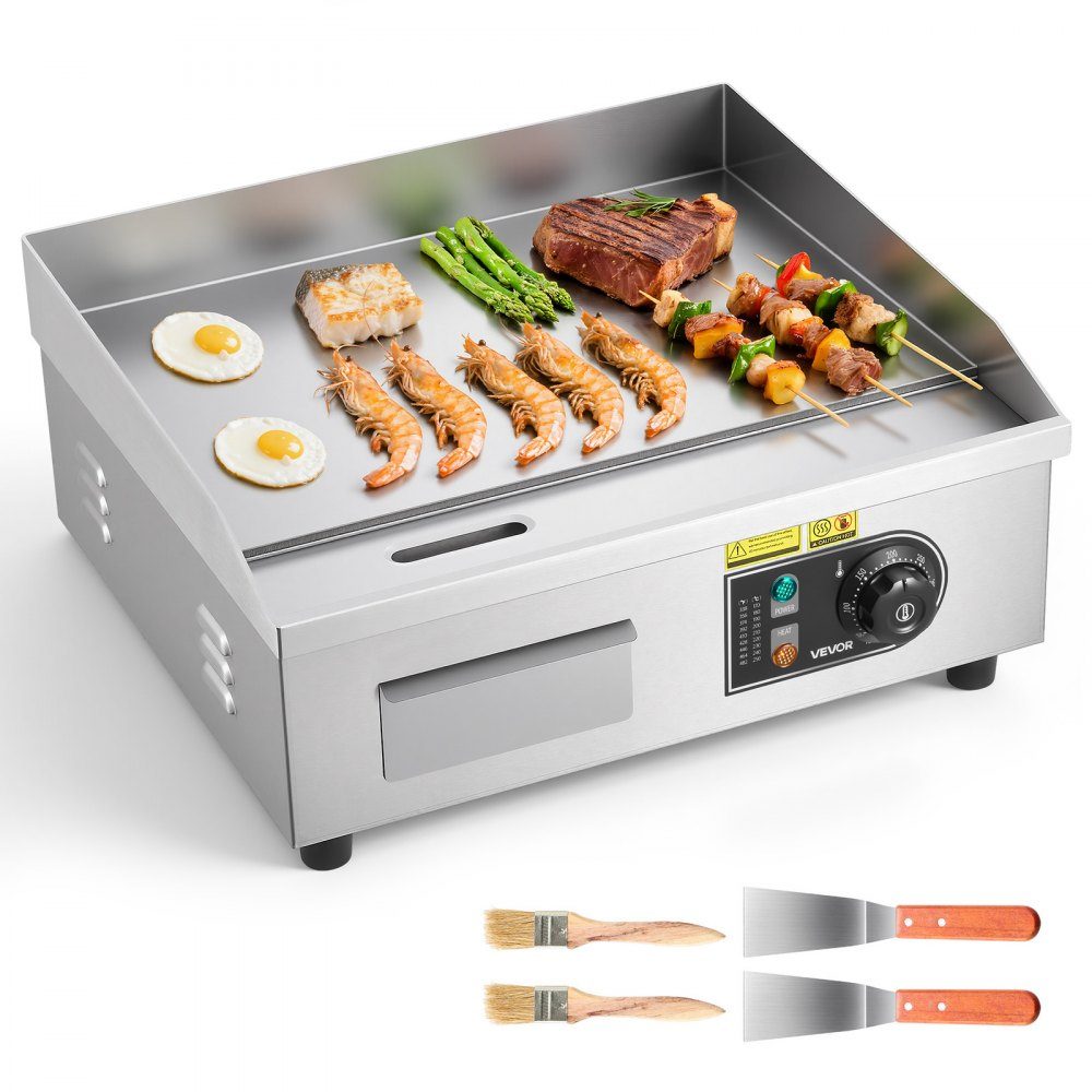 Commerciële grillplaat elektrisch 45 x 30 cm, bakplaat elektrische grill 2800 W, tafelgrillplaat 50-300 °C met 2 spatels, 2 borstels en 4 voetzolen, bakplaat voor steaks, pannenkoeken