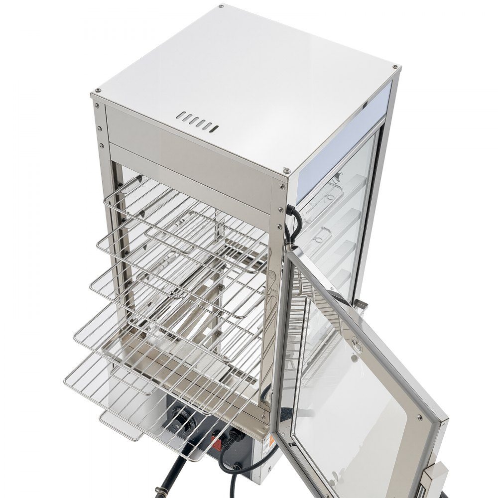 5-stopniowy komercyjny podgrzewacz do żywności 120 l od 30 do 110 ℃, garnek do gotowania na parze o mocy 1200 W, oświetlenie LED i regulowane półki oraz rama ze stali nierdzewnej, witryna grzewcza na chleb hamburgerowy Mantou – Nr kat. HT-24156