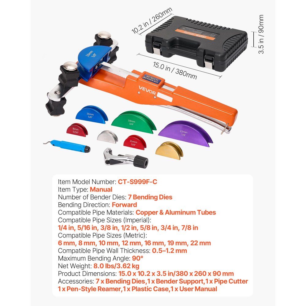 Cintreuse de tuyaux, cintreuse de tuyaux de 6 à 22 mm jusqu'à 90 °, machine à cintrer vers l'avant avec mâchoires en alliage d'aluminium de 7 couleurs, outils CVC pour tuyaux en cuivre dans les systèmes CVC, climatisation et Réf. rigération