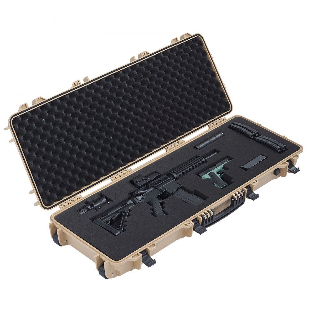 Waffenkoffer mit Hartschale für Langwaffen, abschließbarer Waffenkoffer mit vorgeschnittenem Schaumstoff, Langwaffenkoffer, Waffenaufbewahrung, rollbar, IP67 wasserdicht, 109 x 41 x 15,5 cm, Khaki