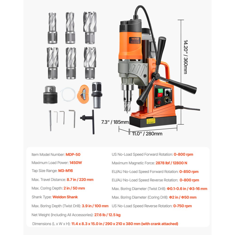 Perceuse magnétique moteur 1450 W, diamètre de foret de 2 pouces, perceuse magnétique électrique portable de 2878 lbf, avec 6 forets à noyau, perceuse de surface métallique, zone de bricolage Perceuse magnétique moteur 1450 W, diamètre de foret de 2 pouces, perceuse magnétique électrique portable de 2878 lbf, avec 6 forets à noyau, perceuse de surface métallique, zone de bricolage