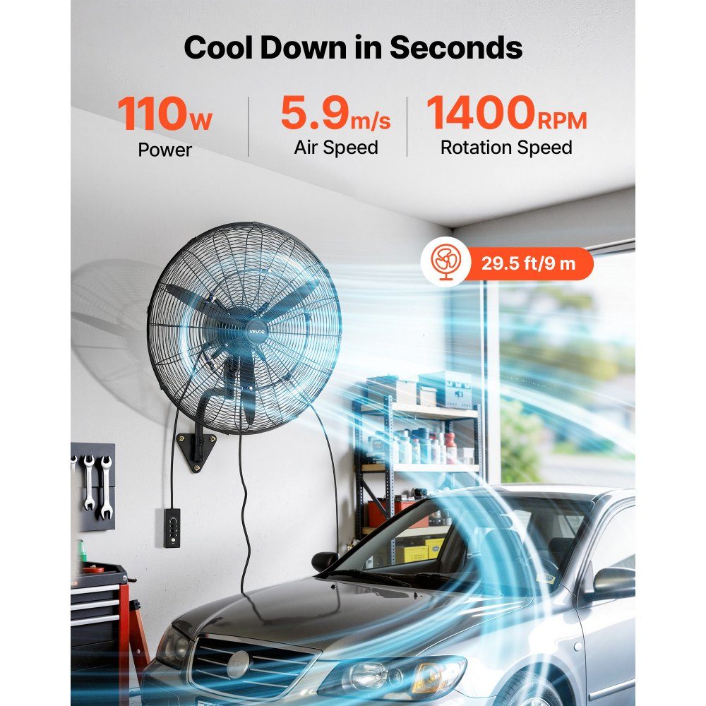 110W Industrial Wall Fan 67cm 7m/s Oscillating Wall Fan with 3 Mist Levels and Adjustable Tilt Angle Commercial Industrial Fan for Workshop Garage Warehouse Gym Black