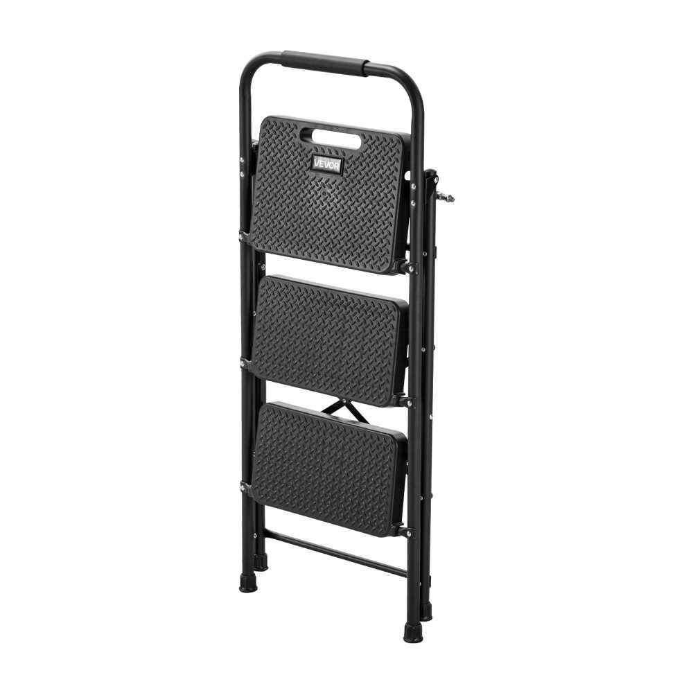 Step Ladder 3 Steps, Folding Ladder with Non-Slip Steps & Comfortable Handle, Household Ladder 272kg Load Capacity, Folding Step, Safety Ladder for Kitchen, Home & Office, Black