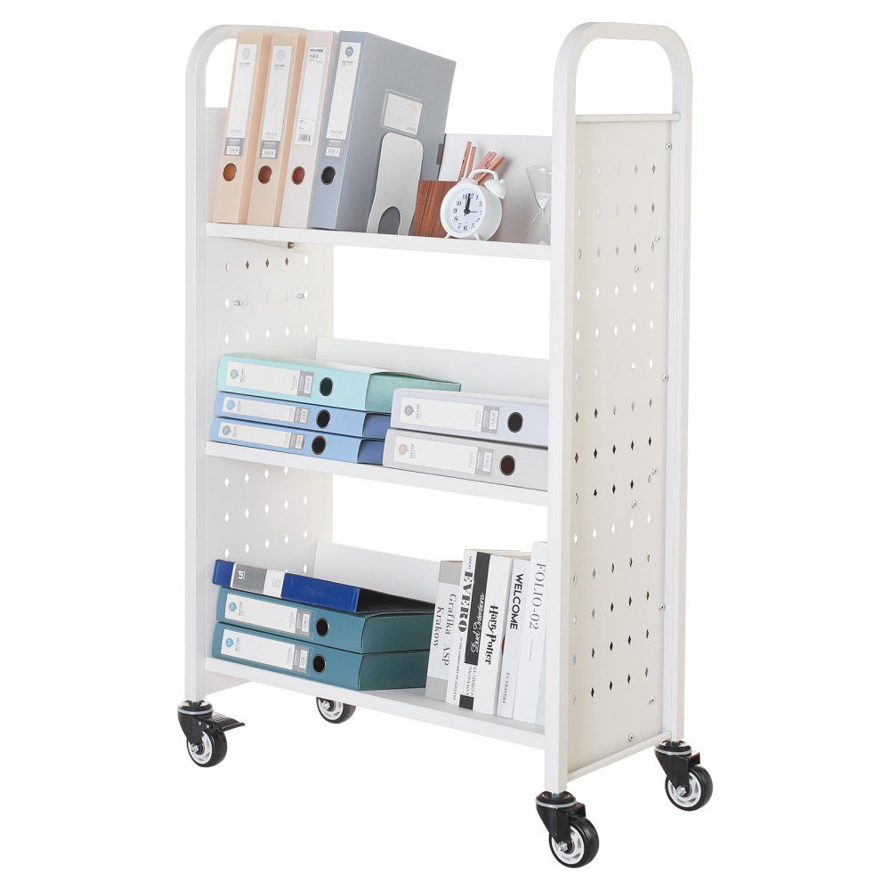 Bücherwagen, 150 kg Tragkraft, Bibliothekswagen, 77 x 38 x 122 cm, einseitiges V-förmiges Bücherregal mit Doppelbremsrädern, für Wohnzimmer, Büro, Schule, Weiß