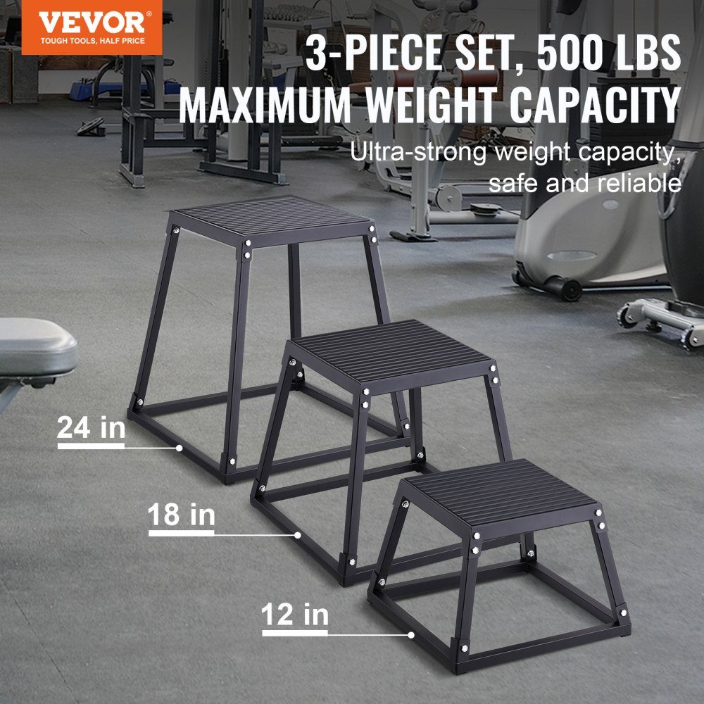 3 Piece Plyometric Jump Boxes, 305/458/609mm Plyometric Box Black, Non-Slip Fitness Exercise Step Up Box Set for Home Fitness Training, Conditioning Strength Training, Portable Jump Training