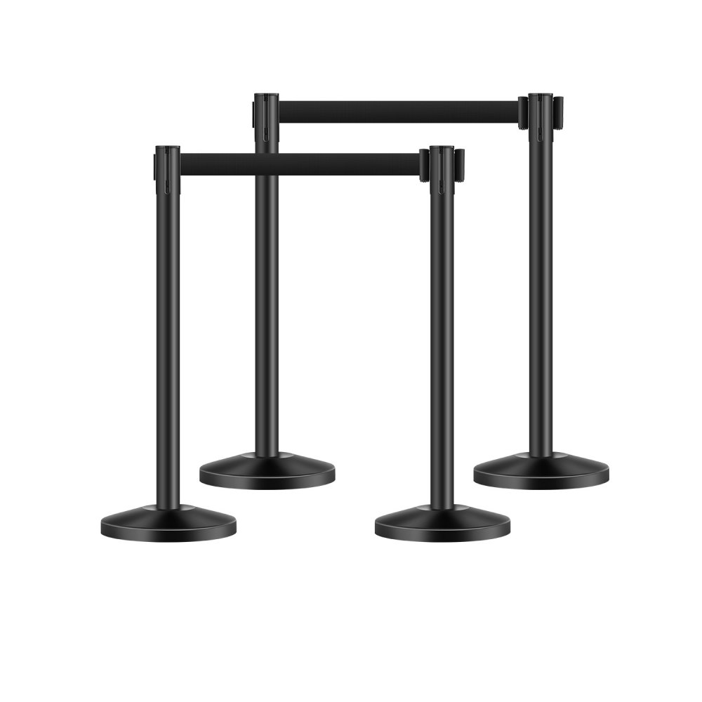 Crowd Control Barrier Posts (Pack of 4) with 4 Retractable Straps, Carbon Steel Barrier Posts with Hollow Base for Weddings, Exhibitions, Black