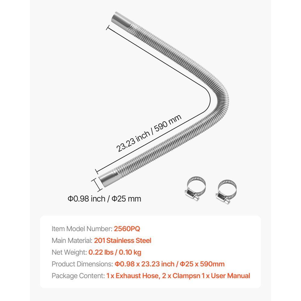 Exhaust pipe auxiliary heater Flexible exhaust hose 59 cm for car diesel heater with 2 clamps, stainless steel exhaust pipe with Φ 25 mm cross section for 2 kW / 5 kW / 8 kW diesel heaters air heaters
