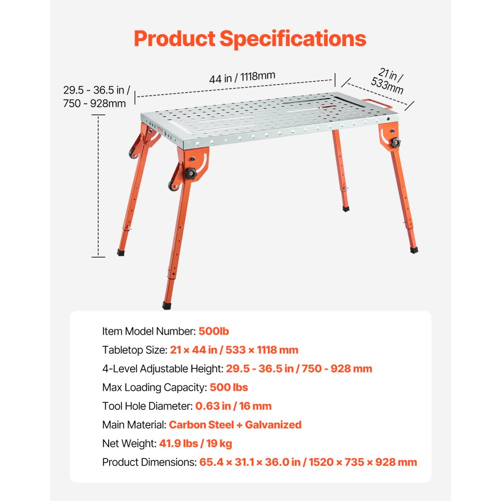 Opklapbare lastafel 533 x 1118 mm, draagvermogen 226 kg, werktafel met 4-traps hoogteverstelling, werkbank met 6 gereedschapsplaatsen en 16 mm montagegaten voor het repareren van lasconstructies Opklapbare lastafel 533 x 1118 mm, draagvermogen 226 kg, werktafel met 4-traps hoogteverstelling, werkbank met 6 gereedschapsplaatsen en 16 mm montagegaten voor het repareren van lasconstructies