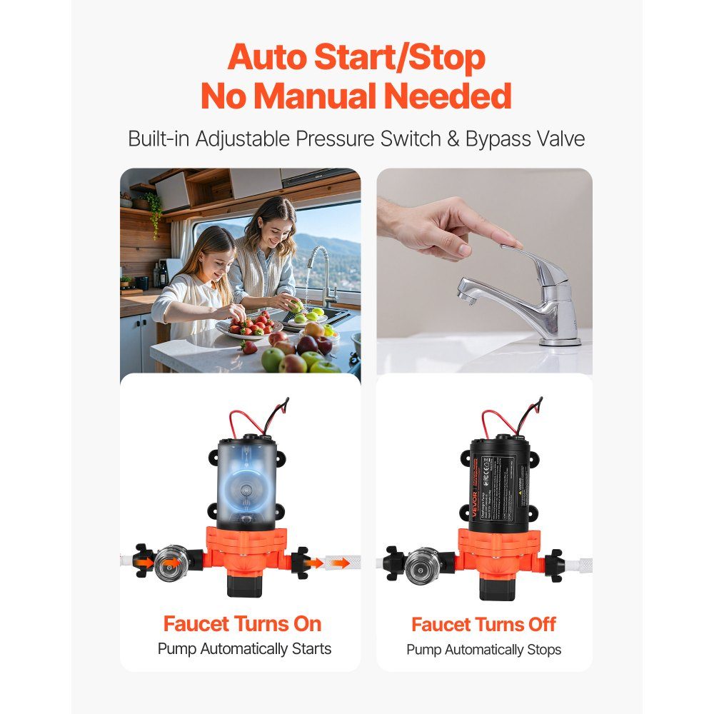 Diaphragm pump, 12V DC, 15.1L/min, self-priming 3-chamber diaphragm water pump with automatic pressure switch, 2.75 bar pressure for motorhome, caravan, ship, yacht, car wash
