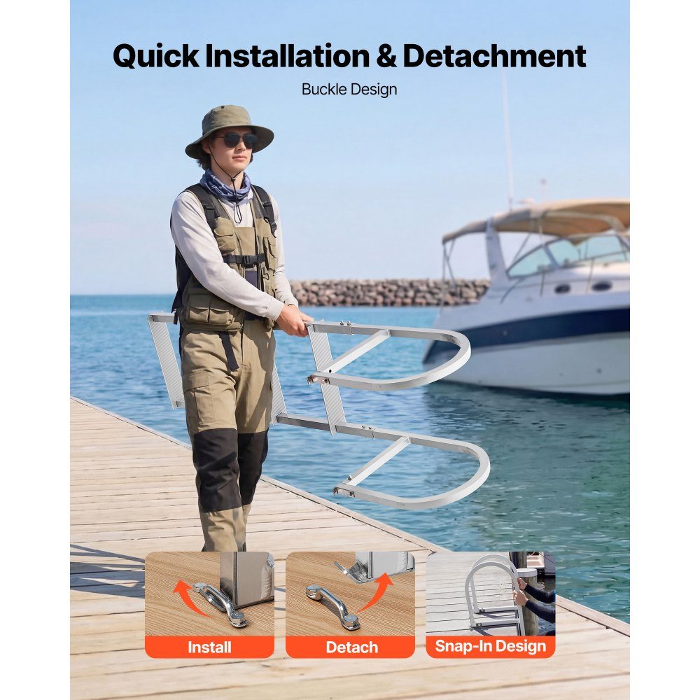 Dockleiter, 5 abnehmbare Stufen, Tragfähigkeit 227 kg. Aluminium-Ponton-Bootsleiter mit 8 cm breiten Stufen und rutschfesten Designstufen zum Einsteigen in Boote/Seen/Pools/Ozeane