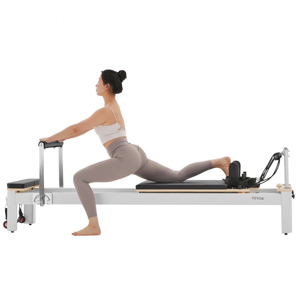 Pilates Reformer-Maschine, Pilates-Bett aus Aluminium mit Sitzbox und doppeltem Widerstand – Feder und Kordel, für Fortgeschrittene und Anfänger, Heimfitnessgeräte bis zu 400 Pfund