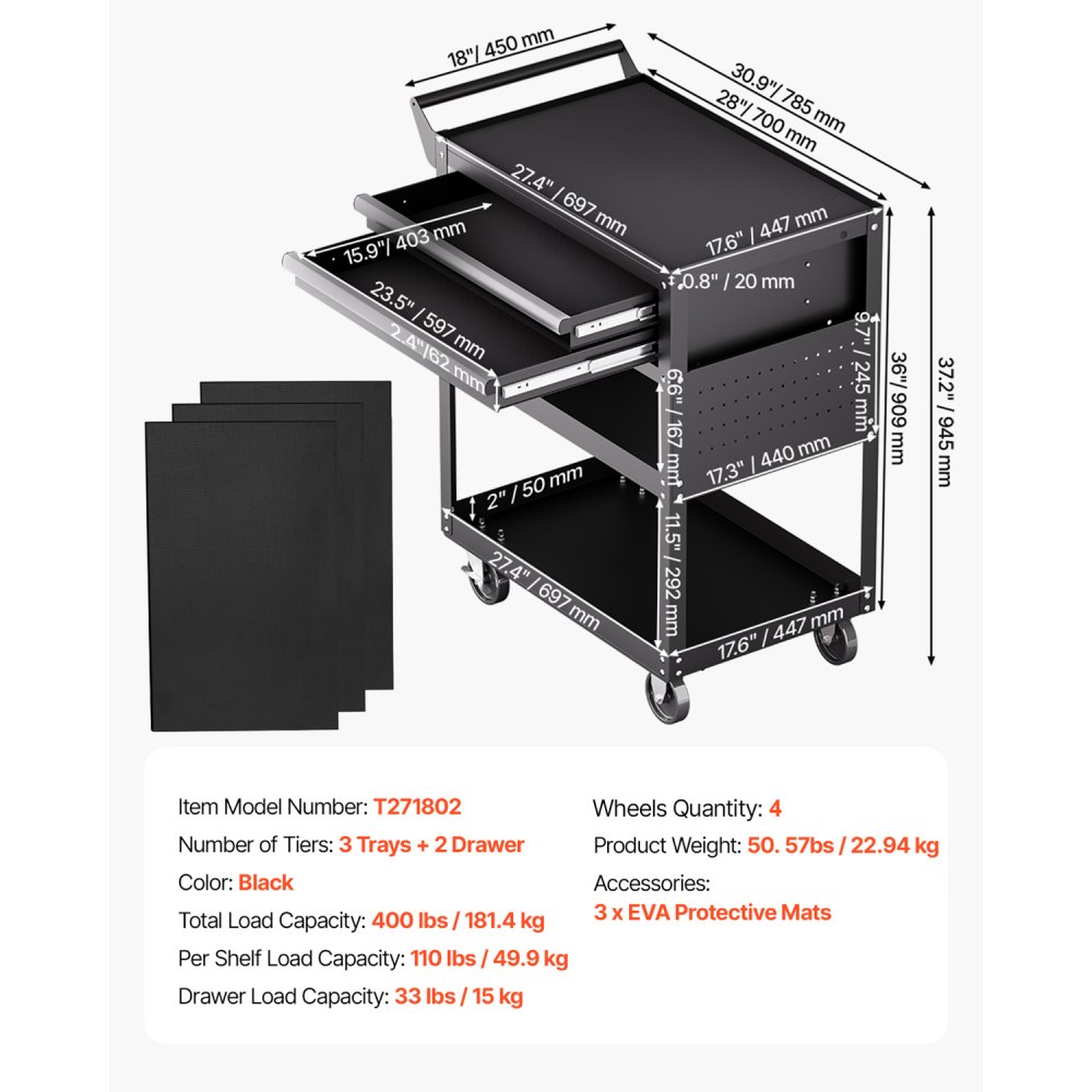 Werkzeugwagen 785x450x945 mm, 181 kg Tragkraft, Werkstattwagen mit 2 Schubladen, Aufbewahrungsorganisator für Mechanik-Werkzeuge, für Garage, Lager & Werkstatt, Schwarz Werkzeugwagen 785x450x945 mm, 181 kg Tragkraft, Werkstattwagen mit 2 Schubladen, Aufbewahrungsorganisator für Mechanik-Werkzeuge, für Garage, Lager & Werkstatt, Schwarz