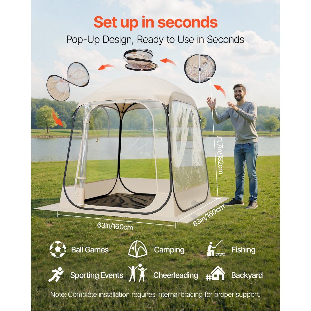 Tente transparente 160 x 160 x 182 cm Tente pop-up pour 2 à 4 personnes Tente de sport avec tapis de sol et couverture supérieure Tente à bulles extérieure Abri de camping pour événements Pêche Acclamations