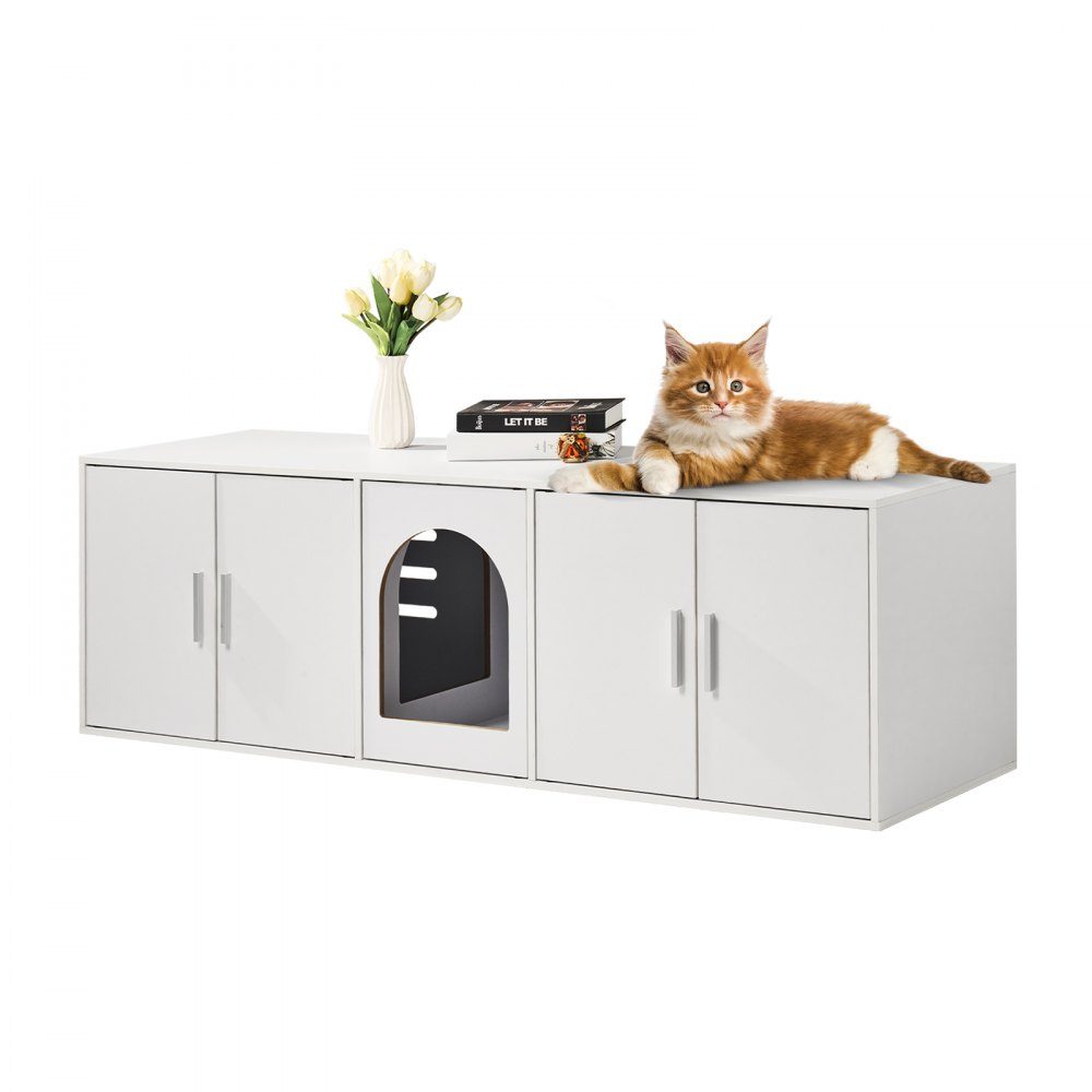 Cat Litter Box Enclosure for 2 Cats, Hidden Cat Litter Box Furniture with Double Rooms, Wooden Litter Box Cabinet, Fits Most Litter Boxes, 57.9"L x 18.3"W x 17.9"H, White