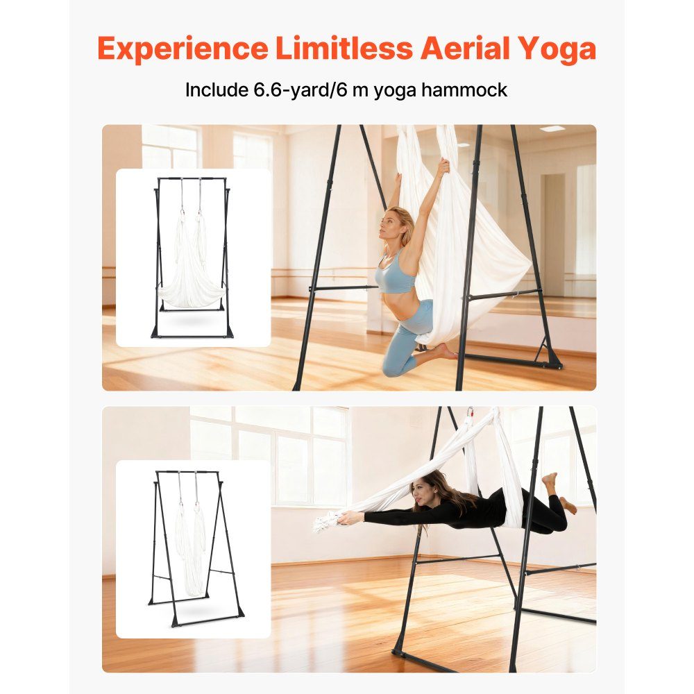 Aerial Yoga Frame Schommelstandaard met 6 m yogahangmat (wit) en Max. 200 kg laadvermogen, driehoekige structuur en EVA-schuim, horizontale aanpassing op 4 niveaus en verticale aanpassing op 6 niveaus