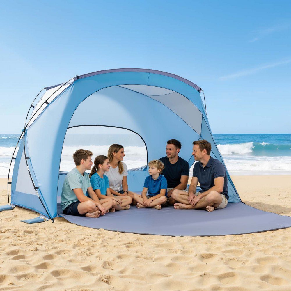 Strandmuschel-Sonnenschutz für 6 Personen, UPF 50+ Schutz, tragbares Strandzelt mit Tragetasche und Bodenankern, stabiler Strandschirm für Camping, Angeln, Picknick, Sonnenzelt