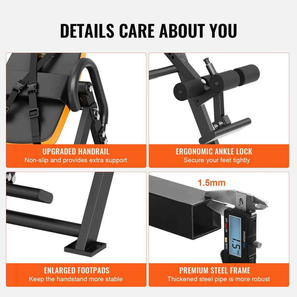 Inversion table, inversion bench, 136 kg load capacity, multifunctional back trainer, foldable strength training device with headrest, ankle lock, adjustable protective belt, orange/black