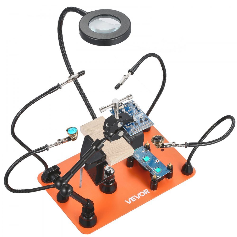 Third-hand soldering aid, magnetic soldering station, with 3x LED magnifying lamp, 4 circuit board holders & 360 degree hot air gun holder, base station for repairs, crafts & hobbies