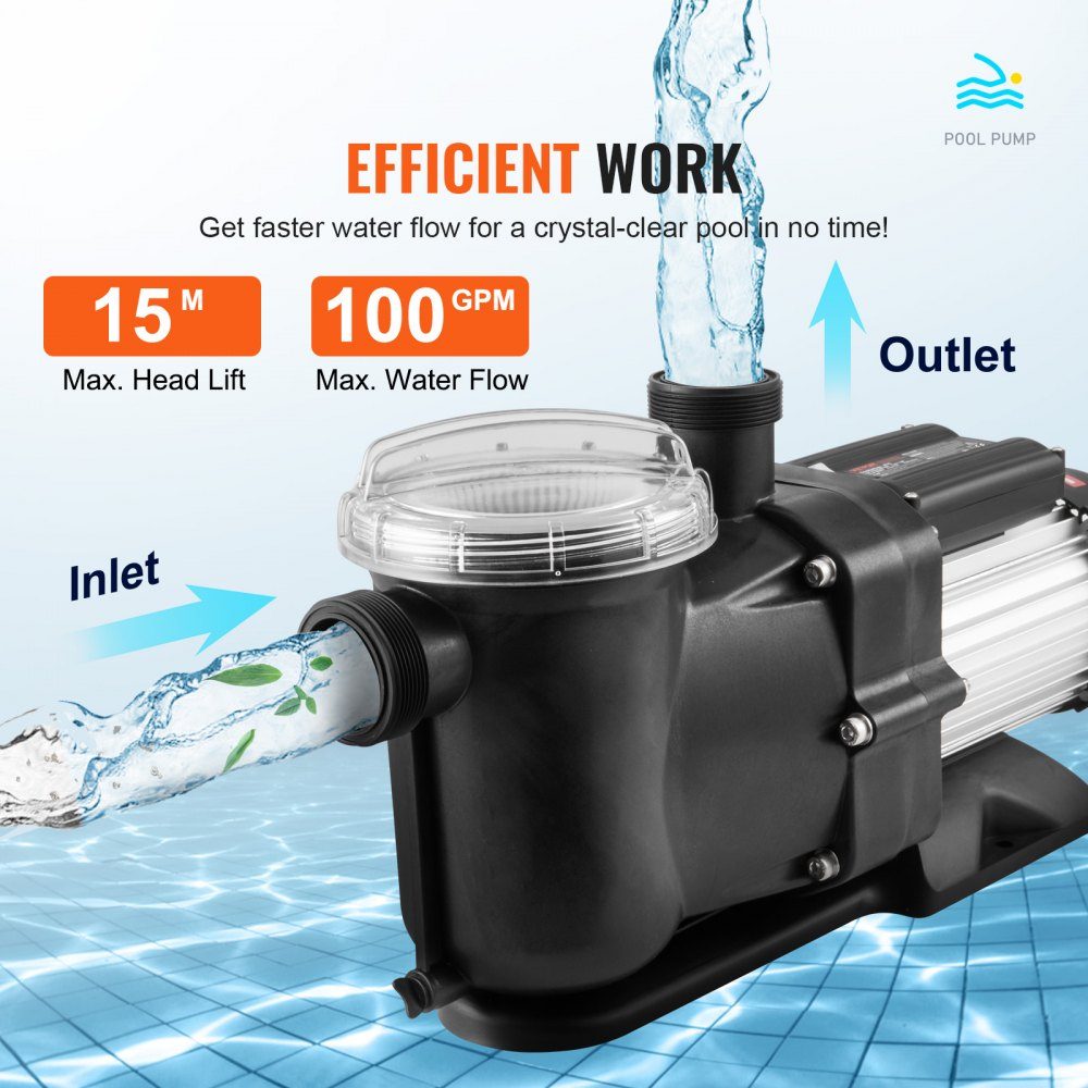 Swimming Pool Pump 1.5HP 100GPM Max Flow Single Speed ​​Pool Pump 220V 2850RPM 50ft Maximum Head Filter Pump with Filter Basket for Above Ground Pools Hot Tubs Spas