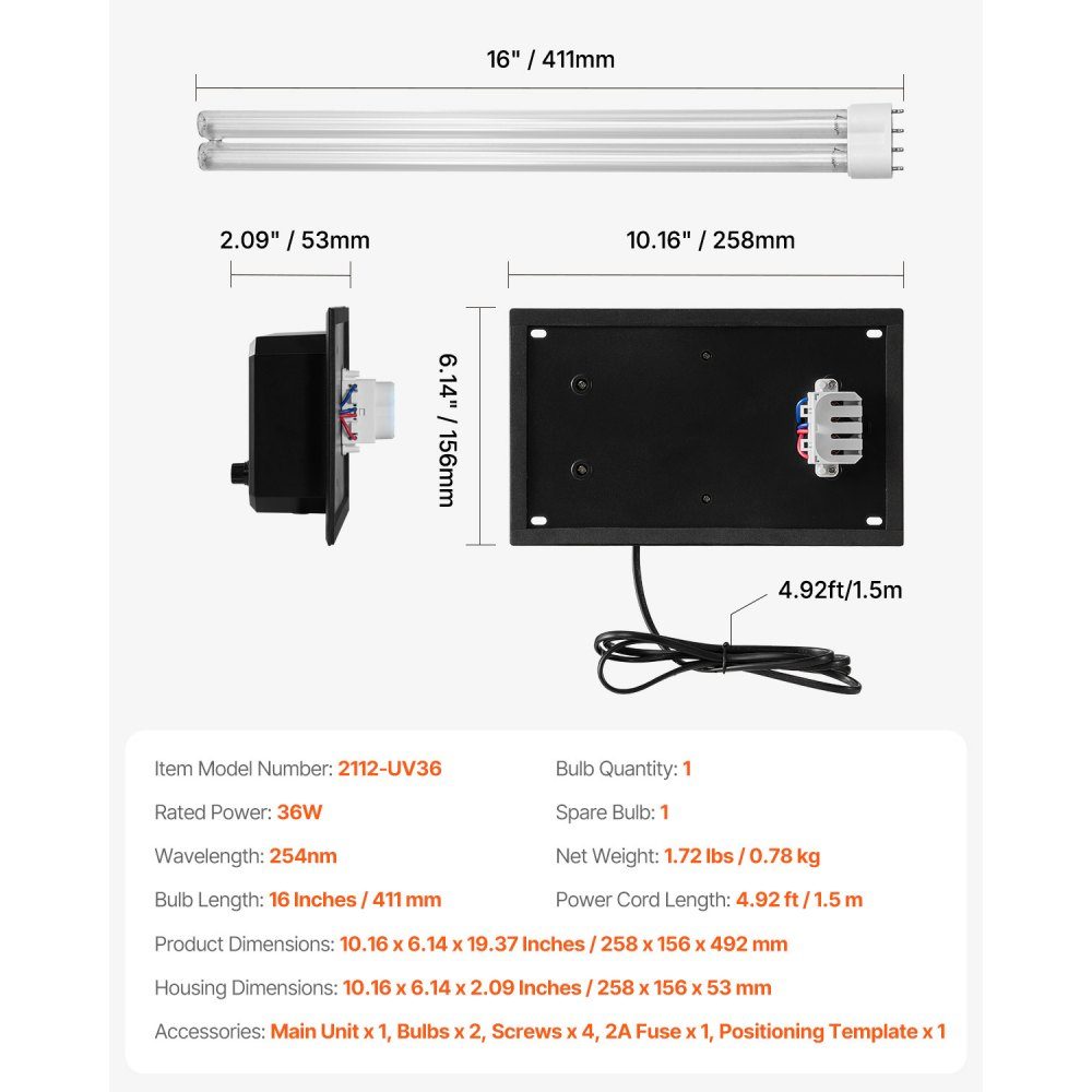 HVAC Whole House Air Purifier 36W 254nm Air Conditioning Duct UV UVC Light Air Purifier with 1 Replacement Bulb HVAC UV Lamps Air Conditioner Air Purifier