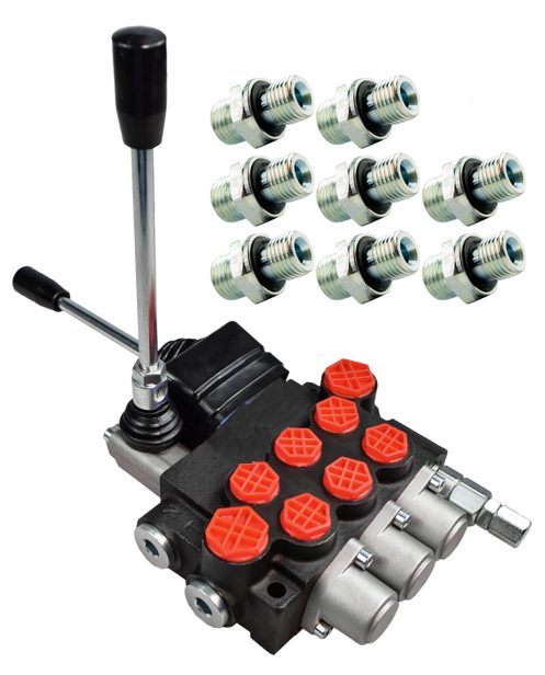 Distributeur hydraulique 40 l, commandé par un joystick et un levier avec connexions