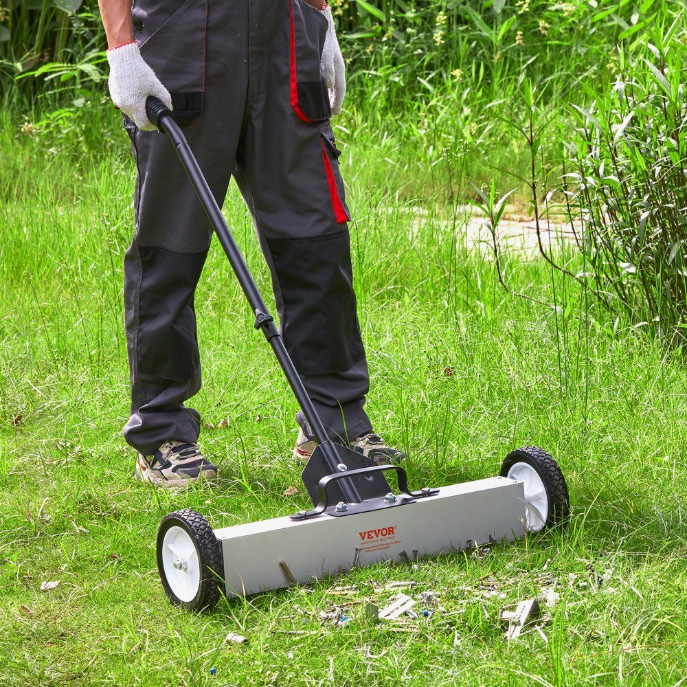 24 Inch Wheeled Magnetic Sweeper, 50 Pound Capacity, with Extendable Magnetic Pickup Tool, Adjustable Handle, Magnetic Pickup Sweeper for Picking Up Nails and Screws, for Workshop, Garage, Yard