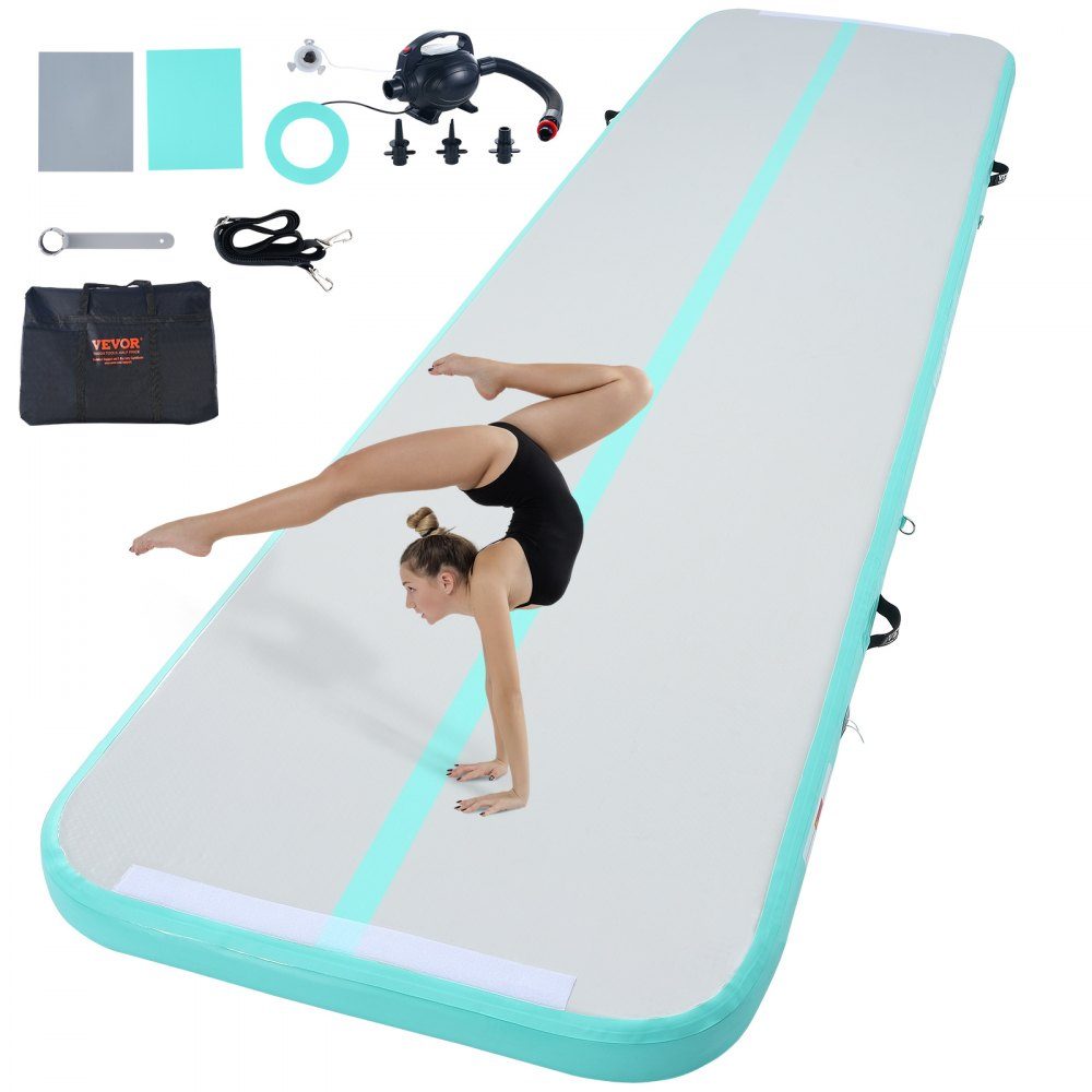 Gymnastik-Luftmatte, 10 cm dick, aufblasbare Gymnastik-Tumbling-Matte, Tumbling-Bahn mit elektrischer Pumpe, Trainingsmatten für den Heimgebrauch/Fitnessstudio/Yoga/Cheerleading/Strand/Park, Grün