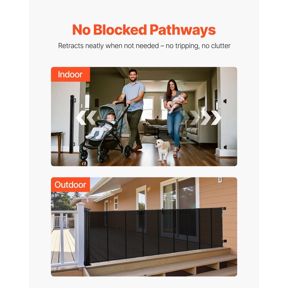 Extendable Baby Gate, Dog Gate, Extendable to 415cm Width / 99cm Height, Pet Gate with Reinforced Fiberglass Strips, Mesh Guard for Patio, Garage, Black