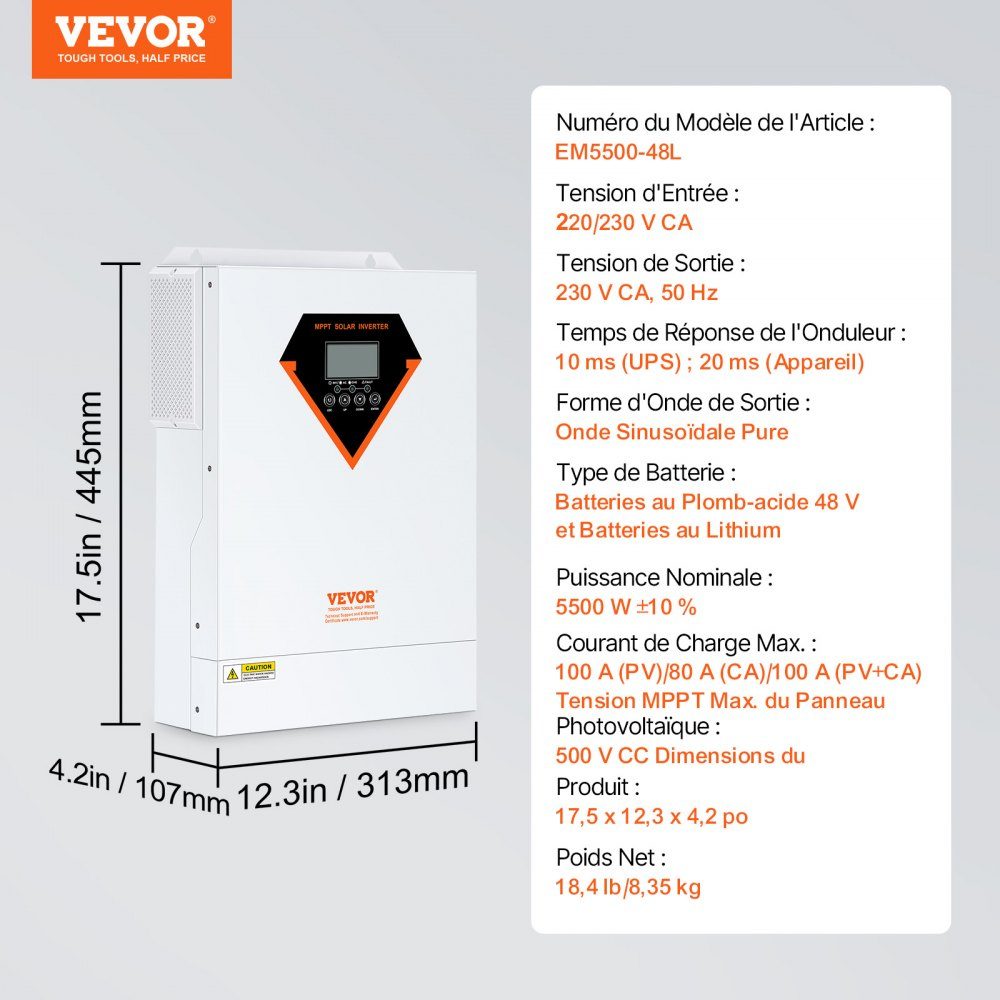 2 in 1 Hybrid Solar Inverter 5500W Solar Inverter 11000 VA Pure Sine Wave MPPT LCD Display 3 Charging Modes (Solar Charge, Grid Charge, Hybrid Charge) and 4 Output Modes (UTL, SOL, SBU, SUB)