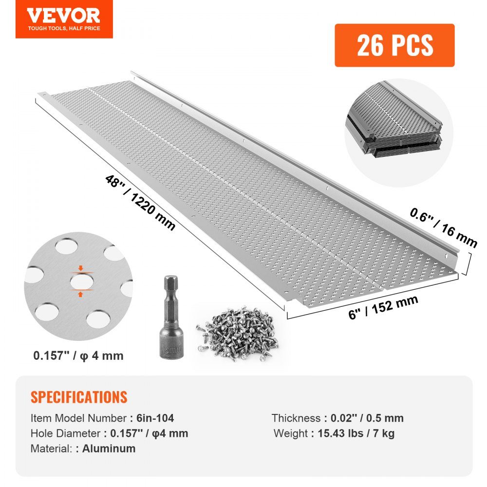 Protection de gouttière 152 mm de largeur Filtre à feuilles en aluminium Couvercle de gouttière fait maison 26 pièces 264 cm de longueur totale 4 mm de diamètre de trou et 0,5 mm d'épaisseur Garde de gouttière Raptor