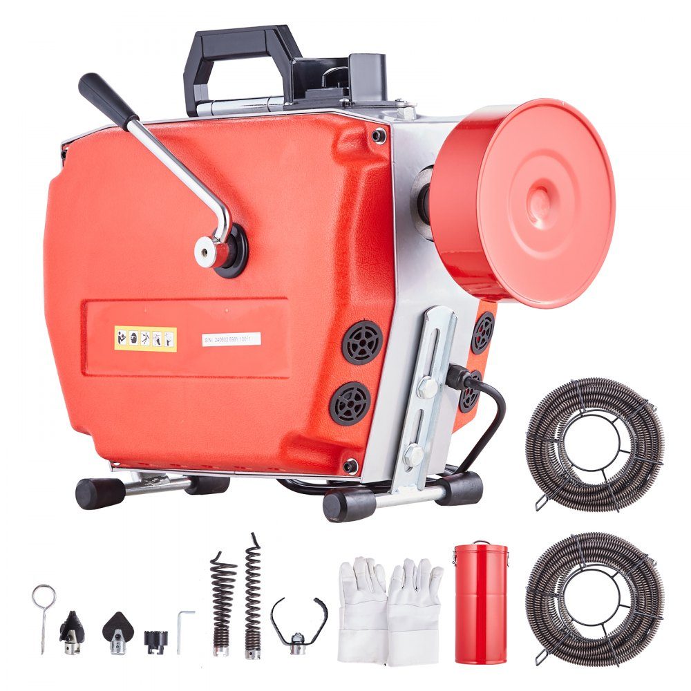 120ft x 7/8" Pipe Cleaning Machine, 420W Electric Pipe Cleaning Cable with Manual Feed - with 6 cutters, 2 steel cables (120ft x 7/8" and 18ft x 3/8") and CW/CCW control for 1.9" to 6" pipes
