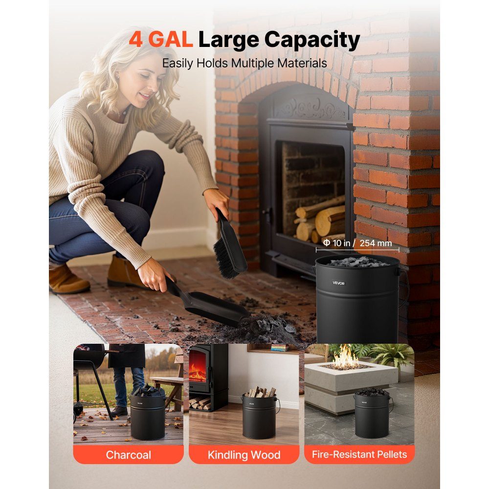 Ash bucket with lid, 4-piece set, including charcoal bucket, shovel, broom & gloves, fireplace charcoal bucket & ash can made of metal, 15 L capacity for fireplaces, fireplaces, wood stoves