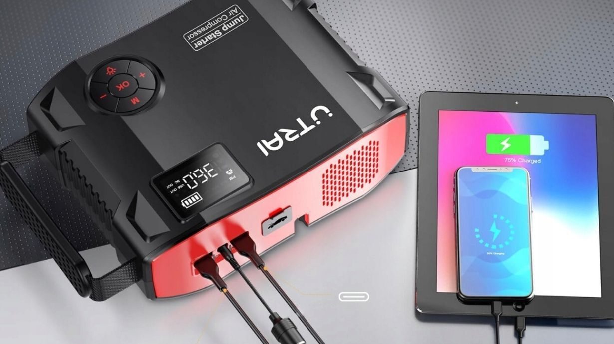 Utrai Autoreifenfüller, 2000 A Spitzenleistung, 24000 mAh, tragbares Überbrückungskabel (bis zu 8 l Benzin oder 6,5 l Dieselmotor), Handy-Ladegerät mit Dual-Digital-Display, LED-Taschenlampe Modell 2024