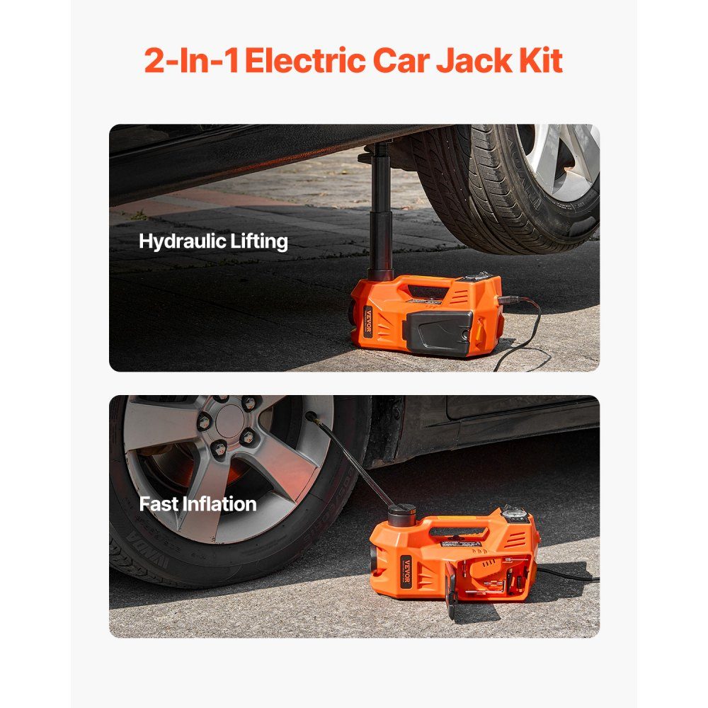 Cric électrique de voiture 5T avec pompe intégrée, changeur de pneu réglable 12 V de remplacement avec marteau de sécurité et lumière LED, ensemble de cric portable pour berline SUV camion