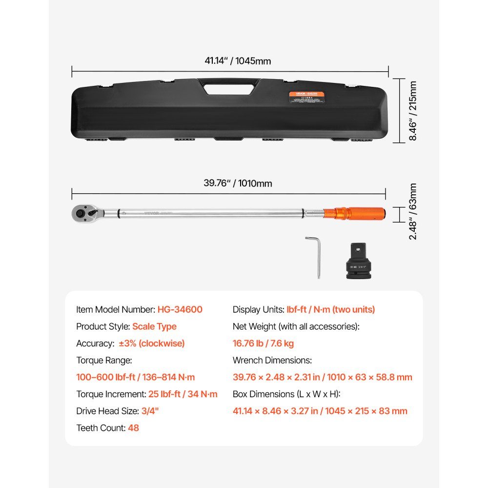 Click Torque Wrench 3/4" Drive 136-814N.m Two Way Torque Wrench Set with Dual Range Scales 48 Teeth ± 3% High Precision Alloy Steel for Car Repair Orange