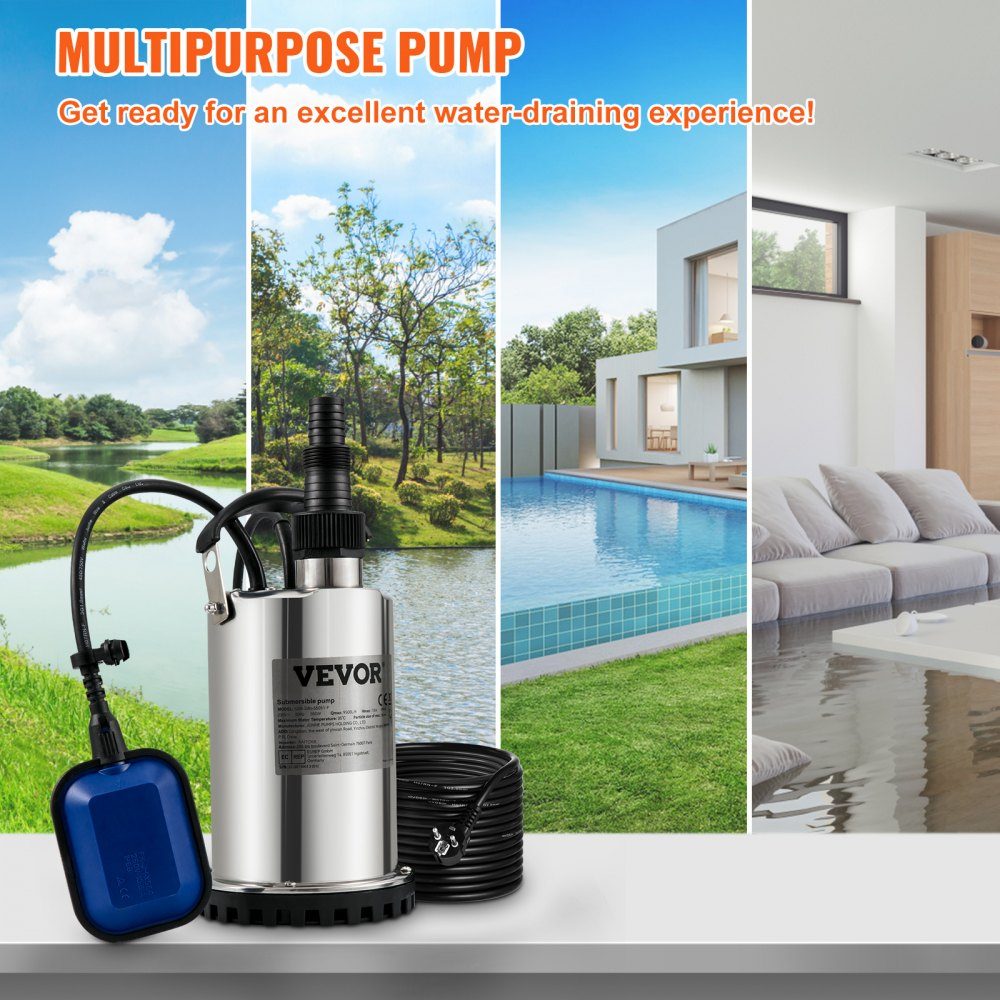 Vuilwaterpomp 550W dompelpomp 230V tuinpomp opbrengst 9500L/u vuilwater dompelpomp IPX8 uitlaat op maat te knippen voor het verpompen van water uit zwembaden, vijvers, kelders