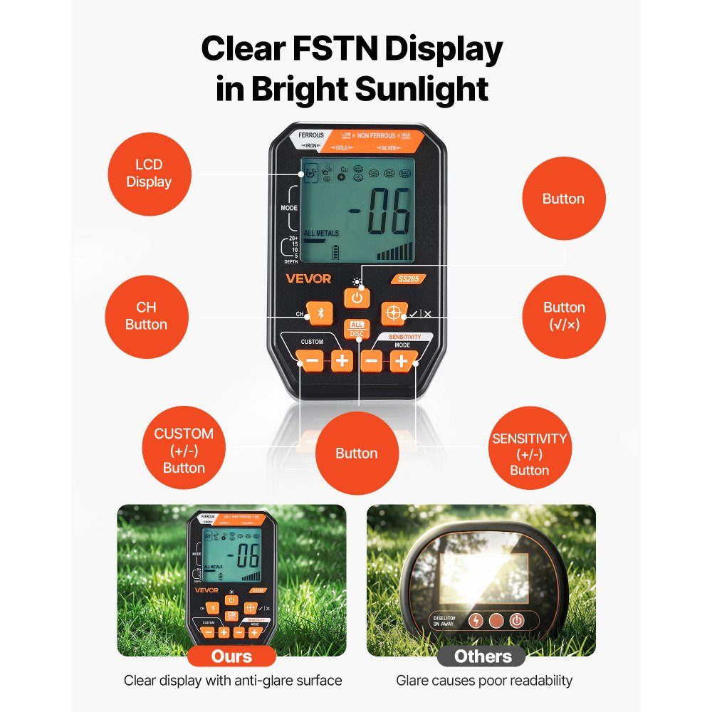 Adult Metal Detector 304.8mm Professional Metal Detector with 7 Modes IP68 Waterproof High Precision Gold Detector with Display Wireless Headphones Adjustable Length for Gold Hunting