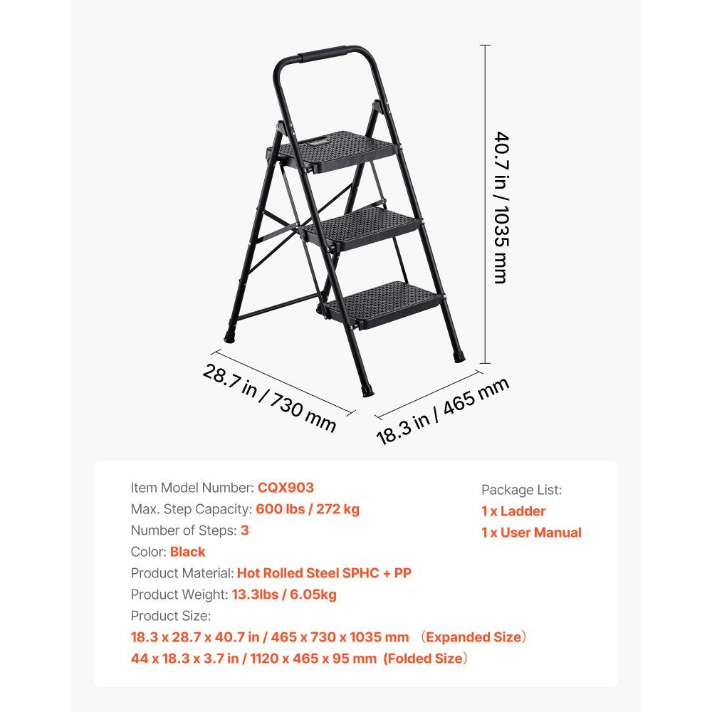 Step Ladder 3 Steps, Folding Ladder with Non-Slip Steps & Comfortable Handle, Household Ladder 272kg Load Capacity, Folding Step, Safety Ladder for Kitchen, Home & Office, Black