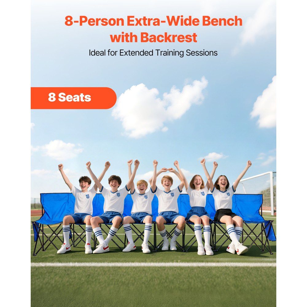Portable Team Bench, Camping Bench (8 Person) with Side Pockets and Carry Bag, Folding Bench with Backrest, Side Bench for Football, Baseball, Outdoor Activities, Blue