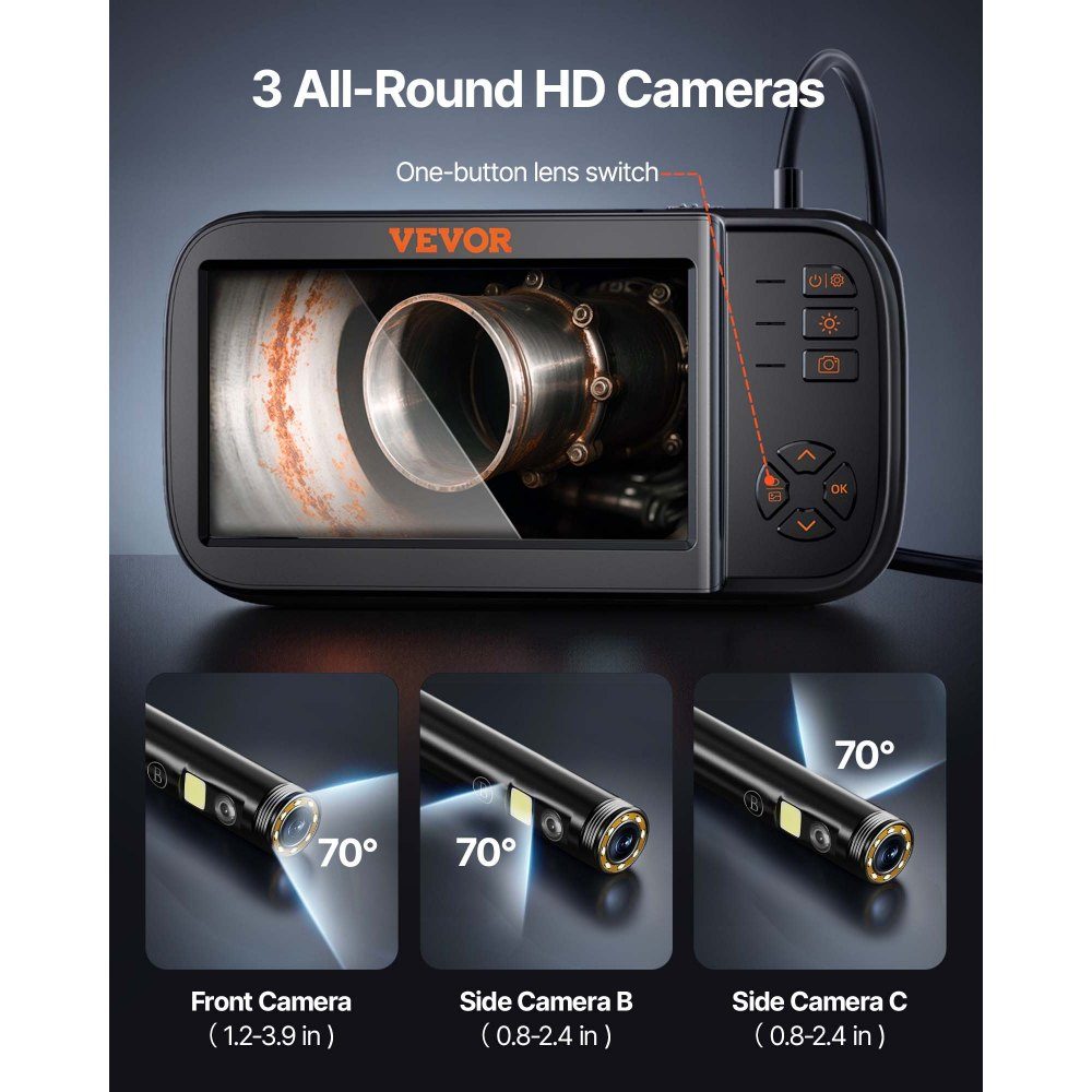 Endoscope Camera with Light Triple Lens Industrial Endoscope 4.5" IPS Screen Inspection Camera 1920x1080 Waterproof Pipe Camera Car Engine Sewer HVAC Duct Inspection