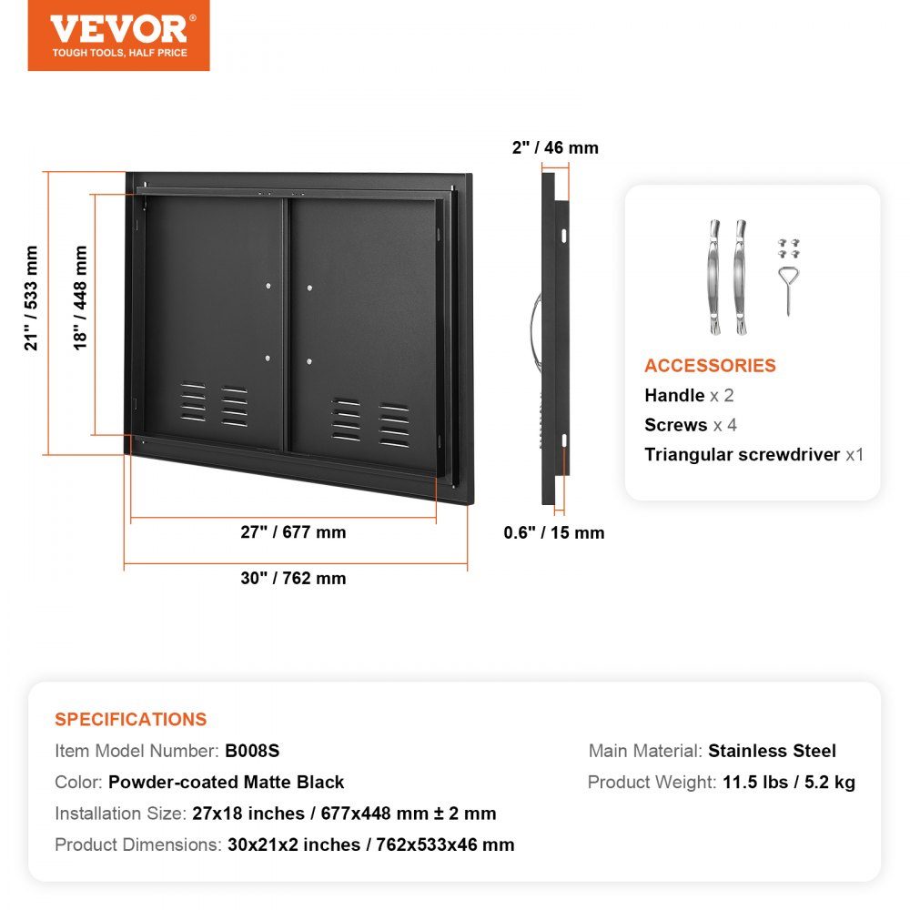 Grill Access Door 762x533x46mm Double Outdoor Kitchen Door Flush Mount Cold Panel Door Vertical Wall Door with Handles and Vents for Grill Island Grill Station etc