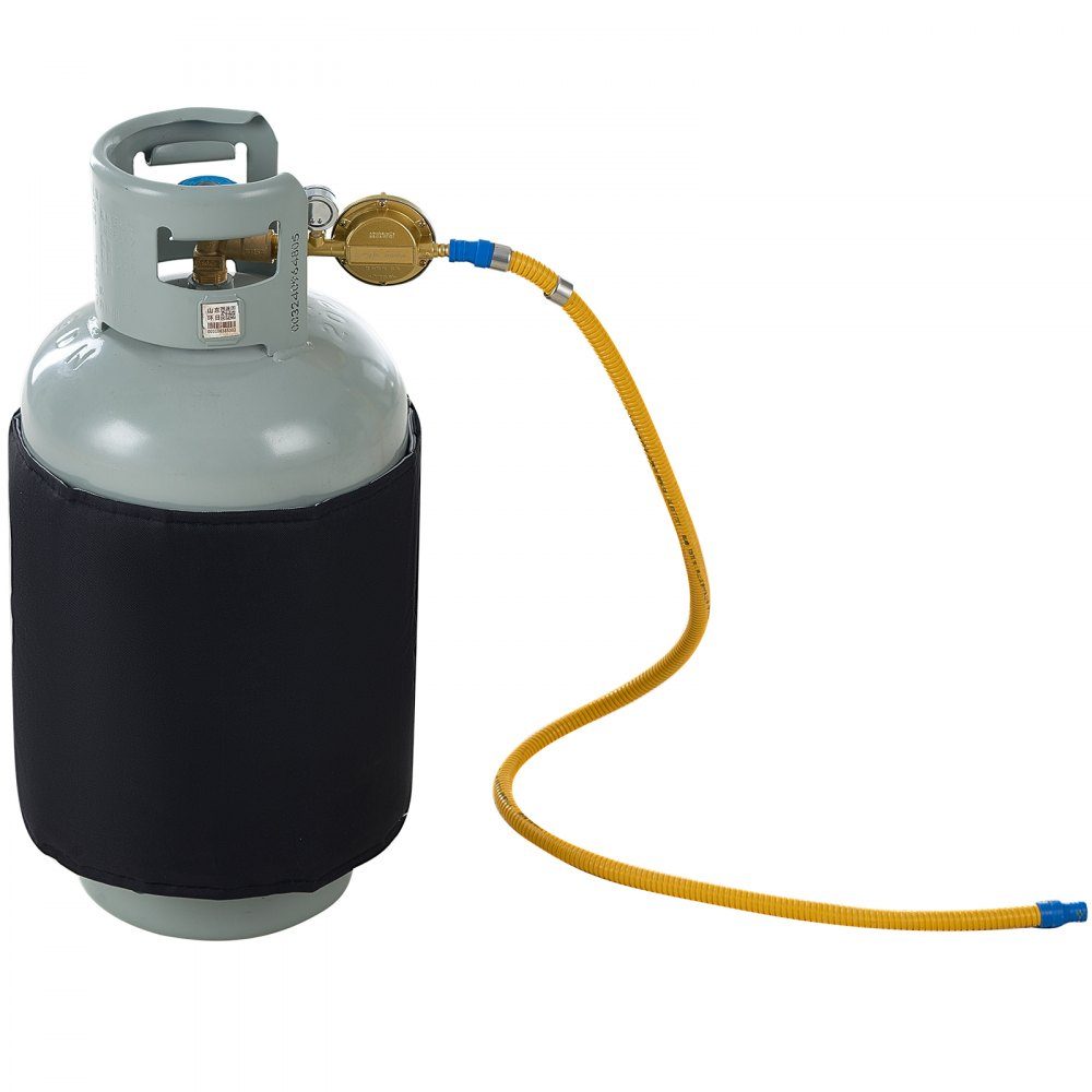 Insulated band style gas bottle warmer, fits 40lb gas tanks, 120W propane heater, fixed internal thermostat, maximum temperature 90°F, durable waterproof oxford fabric, CE approved