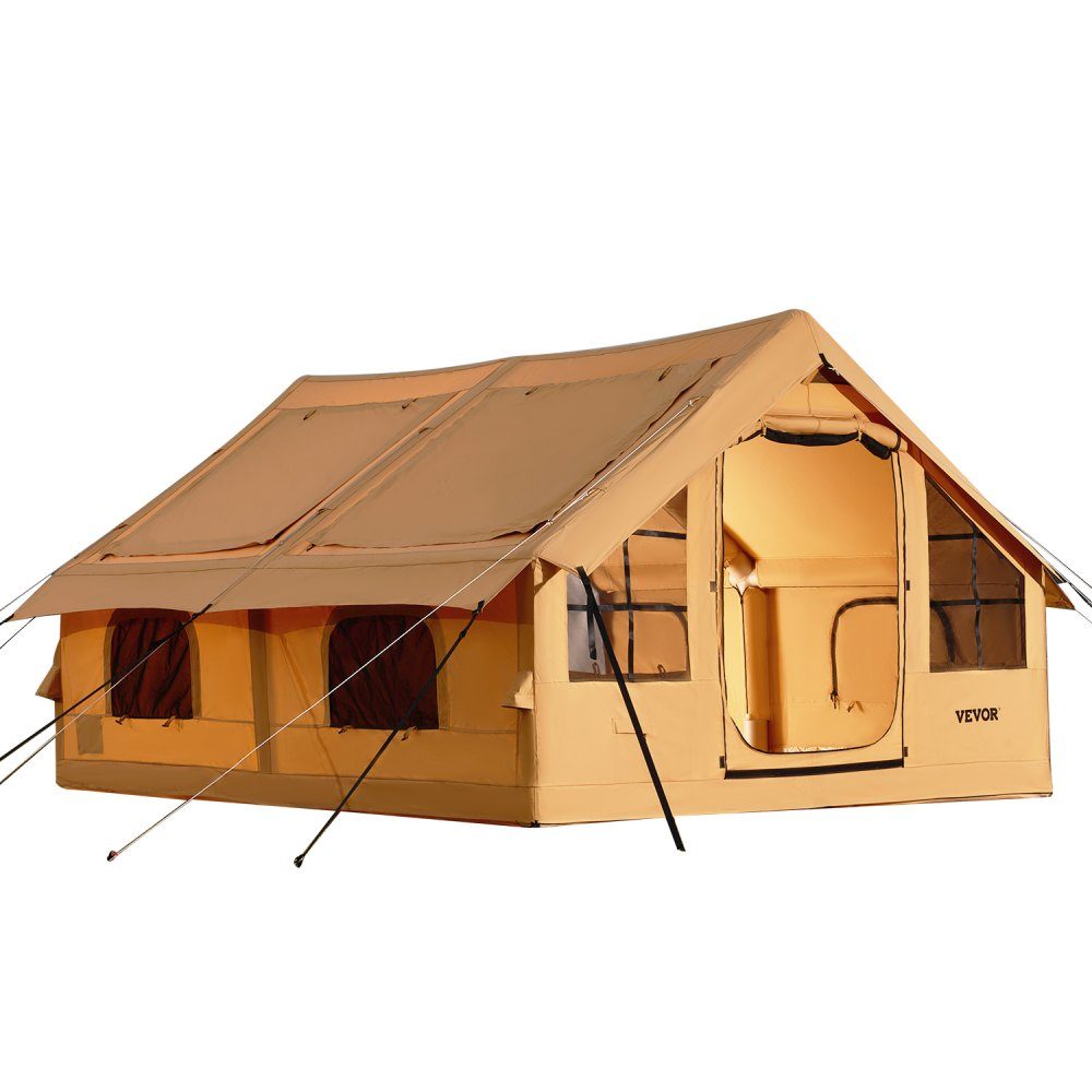 Aufblasbares Zelt für Camping, Zelt für 5–8 Personen mit Handpumpe, 4 x 3 x 2,2 m großes Glamping-Zelt mit 2 Oberlichtern, Vordach, Herdanschluss, 2 Türen, Netzfenstern und Aufbewahrungstasche