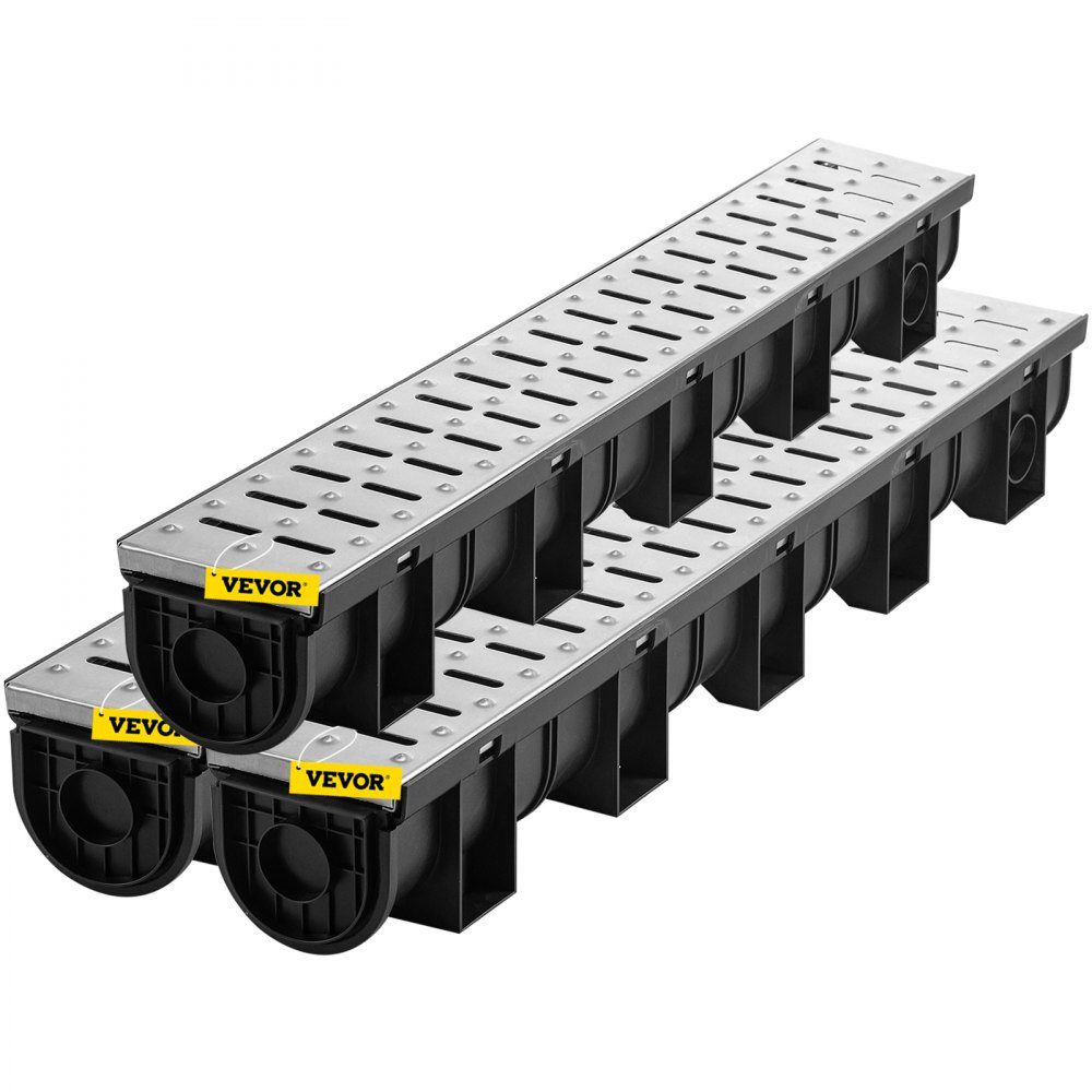 Drainage Gutter Set 3 Pack Patio Gutter Stainless Steel Trench Drainage System 15x13x100cm with 3 End Caps Connector for Garden Drain Driveway Pool Walkway