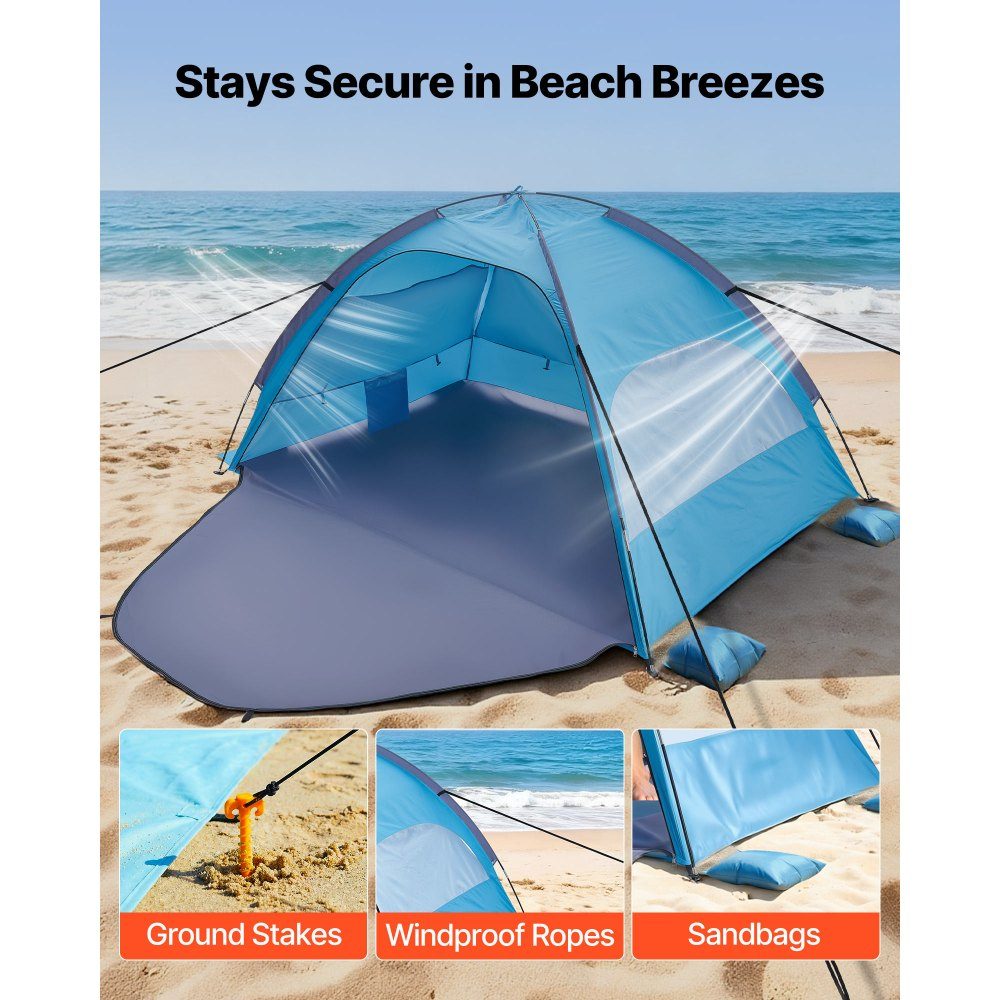 Strandtent Zonnescherm voor 3 personen, UPF 50+ bescherming, draagbare strandtent met draagtas en grondankers, lichtgewicht strandparaplu voor kamperen, vissen, picknicken, zonnetent